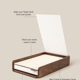 The Analog Daily Focus Kit (Walnut) keeps your Today task card visible, stores extra cards in back, slides completed cards below, and holds Next & Someday Cards on top of the divider for easy access—perfect for your analog productivity system.