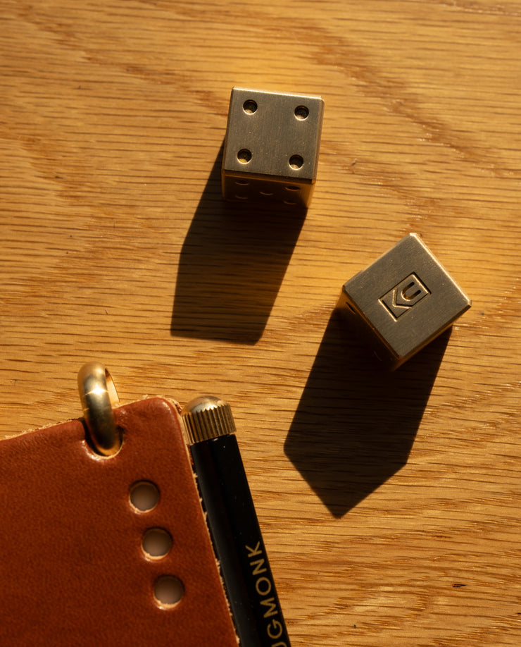 Two metallic dice and a leather case with a pen on a wooden surface