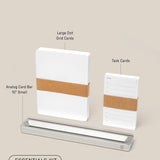 The Analog Card Bar - Essentials Kit (Silver Aluminum) includes stacked large Dot Grid Cards, Task Cards, and a compact 10-card metal bar, each labeled and displayed on a neutral background.