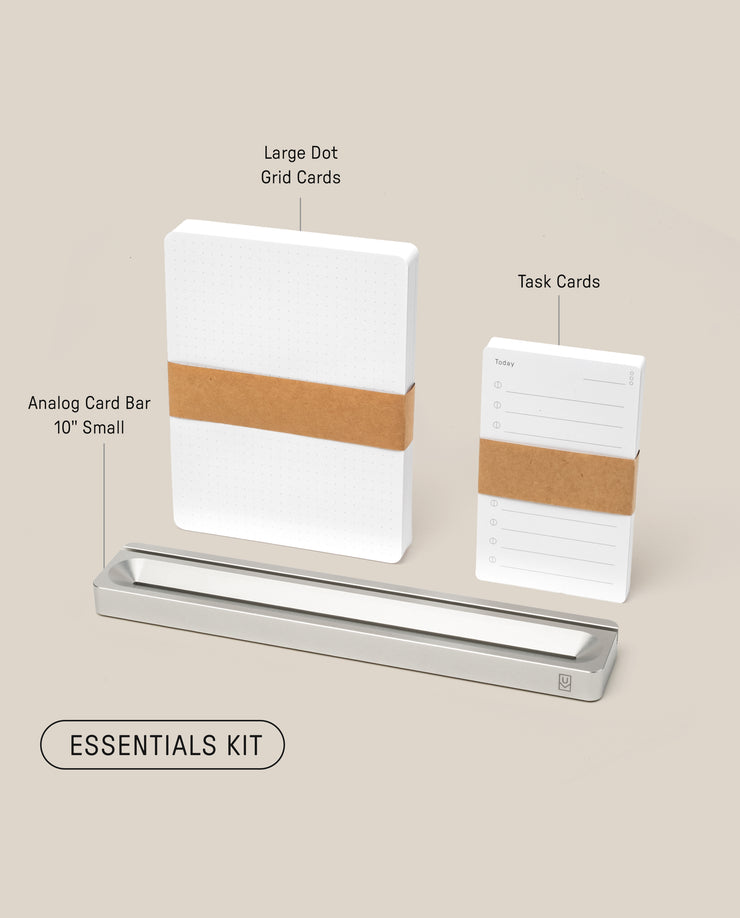 The Analog Card Bar - Essentials Kit (Silver Aluminum) includes stacked large Dot Grid Cards, Task Cards, and a compact 10-card metal bar, each labeled and displayed on a neutral background.