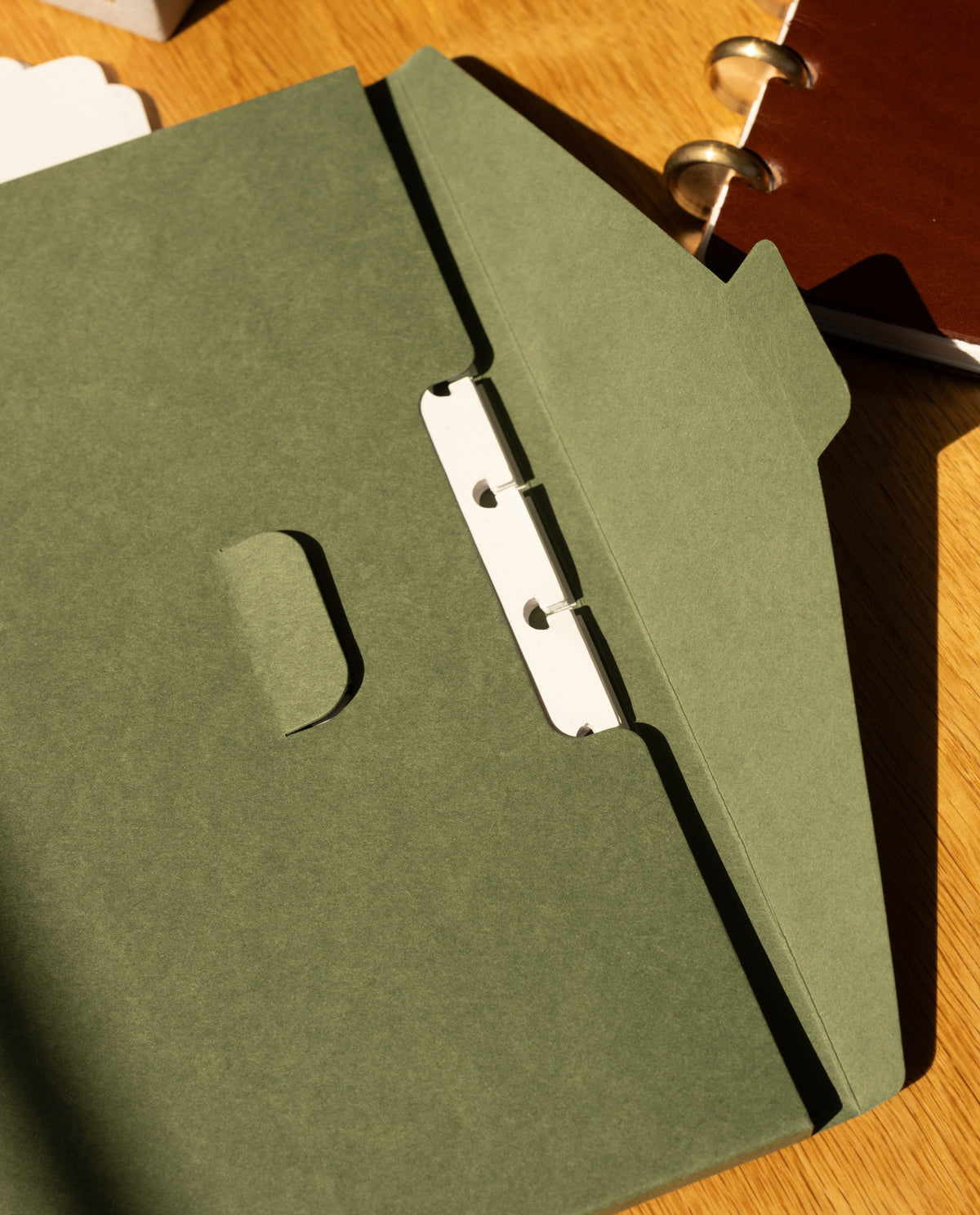 A Discbound Journal Archive, featuring a green folder with a tab, sits open on a wooden surface next to a brown ring binder. Sunlight casts shadows across both the folder and table, making it ideal for journal storage or organization.