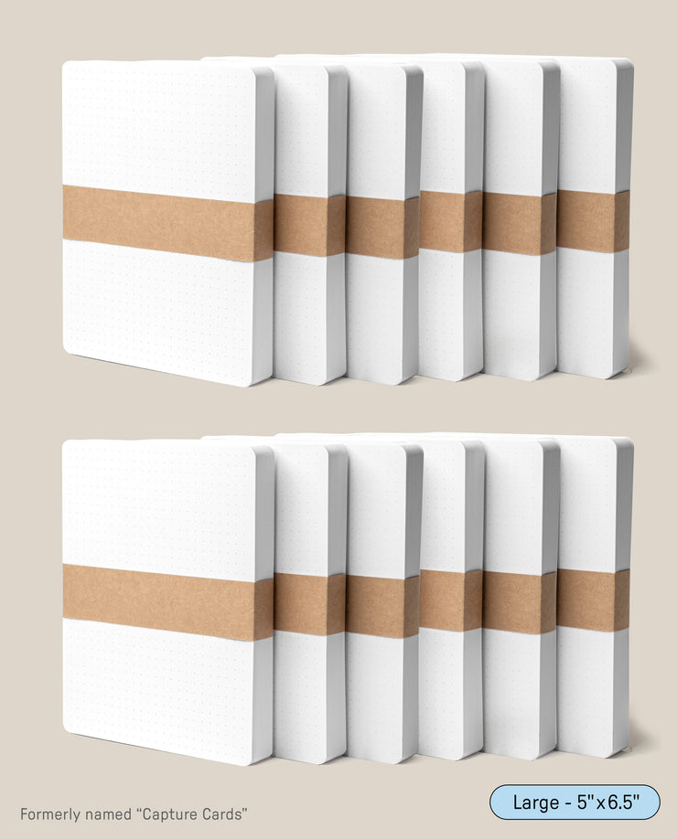 Two rows of Analog Dot Grid Cards - Large (12-Pack), white and rectangular with dotted pages and kraft paper bands. Made from premium card stock, perfect for note taking. Label reads Large - 5 x 6.5.