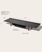 The Gather Large Monitor Stand (Black/Walnut) is a 38" wide by 5" tall organizer made from powder-coated steel and walnut, featuring a storage tray for up to a 16" laptop and supporting up to 35 lbs. Features and dimensions are highlighted.