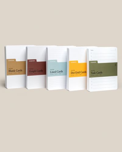 The Analog Card Variety Pack - Large features five stacks of 3" x 5" cards—Blank, Graph, Lined, Dot Grid, and Task—with each label highlighted by a unique color accent.