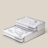 The Analog Capture Kit - Small & Large (Silver Aluminum) features a silver Aluminum Tray holding stacks of white Dot Grid Cards with handwritten notes and black marker sketches, displayed on a plain beige background.