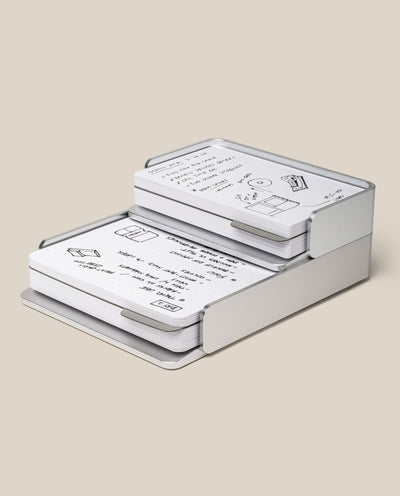 The Analog Capture Kit - Small & Large (Silver Aluminum) features a silver Aluminum Tray holding stacks of white Dot Grid Cards with handwritten notes and black marker sketches, displayed on a plain beige background.