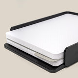 A stack of large dot grid cards with rounded corners sits in a sleek black aluminum tray—the Analog Capture Kit - Large (Black Aluminum)—ideal for capturing ideas.