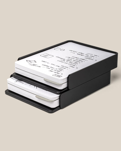 The Analog Capture Kit - 2 Large (Black Aluminum) is a black, two-tiered organizer tray holding paper stacks and dot grid cards with handwritten notes and diagrams, shown against a neutral background.