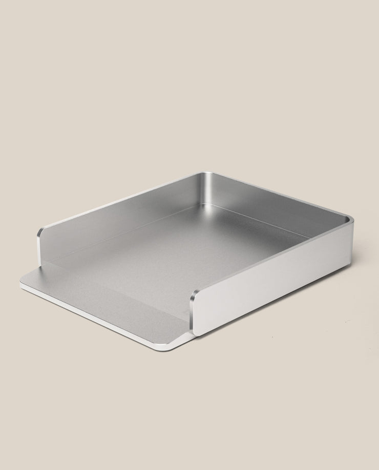 The Analog Capture Kit - Large (Silver Aluminum) is a rectangular tray with raised sides and an open front, ideal for organizing large dot grid cards, shown on a light beige background.