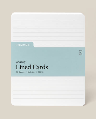 A pack of Analog Lined Cards - Large features a light blue label with details: 50 cards, 5 x 6.5 inches, uncoated cardstock, rounded corners, and horizontal lines—ideal for sketching and note-taking.