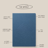 A Layflat Notebook Bundle (Series 2 - Set of 3) with blue dot grid cover, embossed geometric design, Smyth sewn binding, 160 smooth white pages, layflat style, rounded corners, and 6x8.5" size is centered on beige.