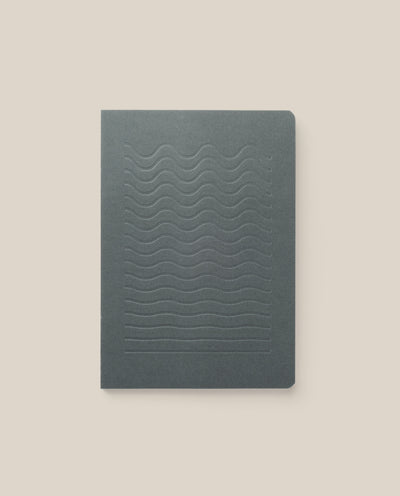 The Layflat Notebook (Charcoal) features a dark gray cover with embossed wavy lines, a minimalist design, dot grid pages, and Smyth sewn binding. It is shown on a light beige background.