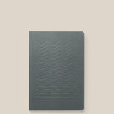 The Layflat Notebook (Charcoal) features a dark gray cover with an embossed wavy line pattern and Smyth sewn binding, shown against a light beige background.