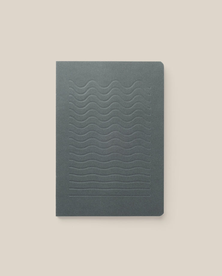 The Layflat Notebook (Charcoal) features a dark gray cover with an embossed wavy line pattern and Smyth sewn binding, shown against a light beige background.