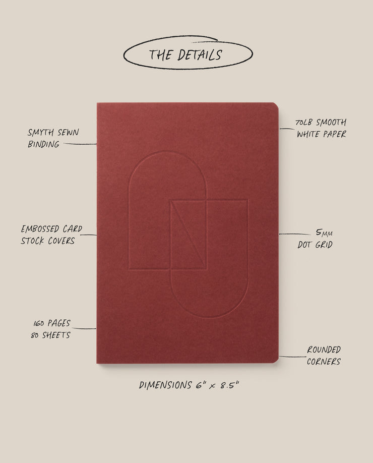 A Layflat Notebook (Maroon) is centered on a beige background, featuring Smyth sewn binding, embossed card stock covers, 160 pages of 70lb smooth white paper, 5mm dot grid, rounded corners, and a 6x8.5" size.