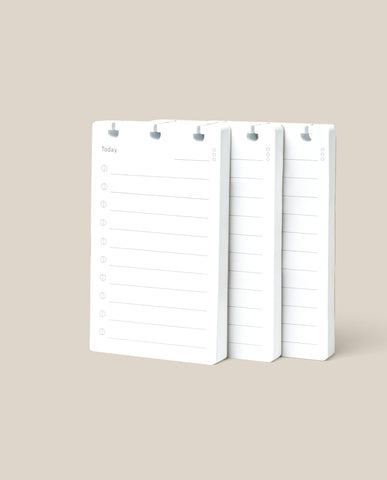 Three white Discbound Analog Refill notepads (3-pack), each with "Today" and a numbered to-do list with checkboxes and lines, stand upright on a beige background. Ideal for refilling your Discbound Analog system or using as Analog Cards.