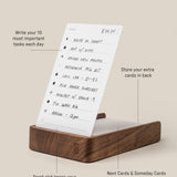 The Analog Daily Focus Kit (Walnut) features a wood card holder that displays handwritten task cards—the front slot is for Today Cards, extra cards fit in back, and the top divider holds Next and Someday Cards for intuitive productivity.