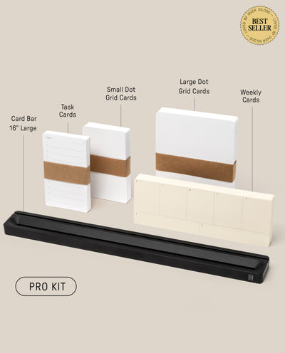 A photo of the Analog Card Bar - Pro Kit (Black) with Task Cards, small and large dot grid cards, weekly cards, and a Best Seller badge in the top right corner.