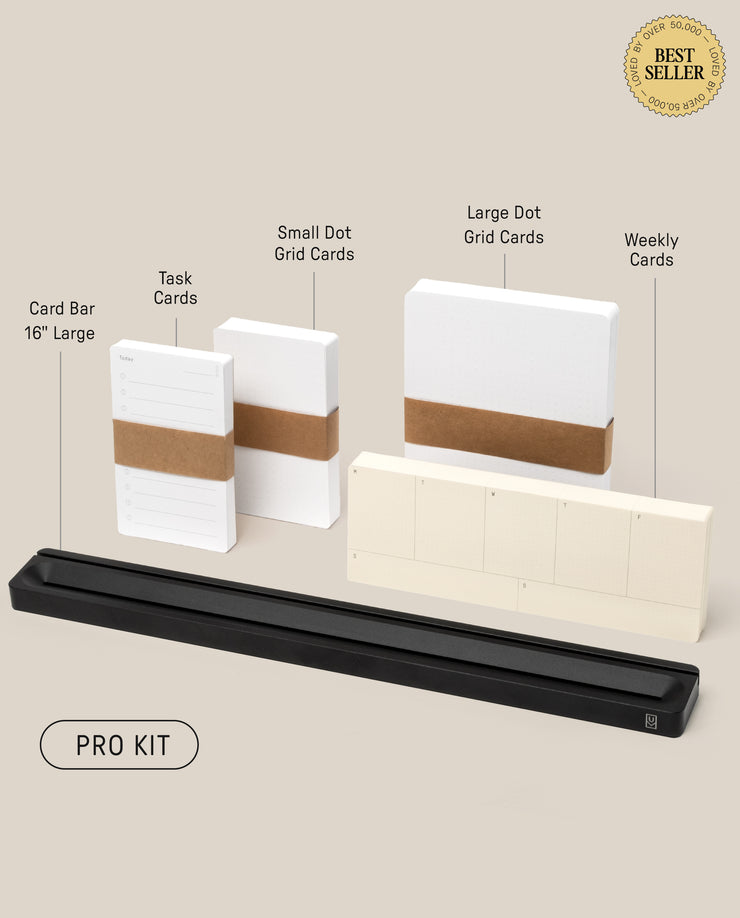 A photo of the Analog Card Bar - Pro Kit (Black) with Task Cards, small and large dot grid cards, weekly cards, and a Best Seller badge in the top right corner.