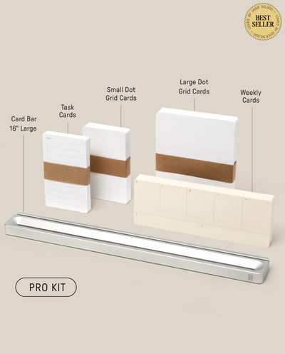 A photo of the Analog Card Bar - Pro Kit (Silver) showing task cards, small and large dot grid cards, and weekly cards, all displayed upright with a “Best Seller” badge in the top right corner.