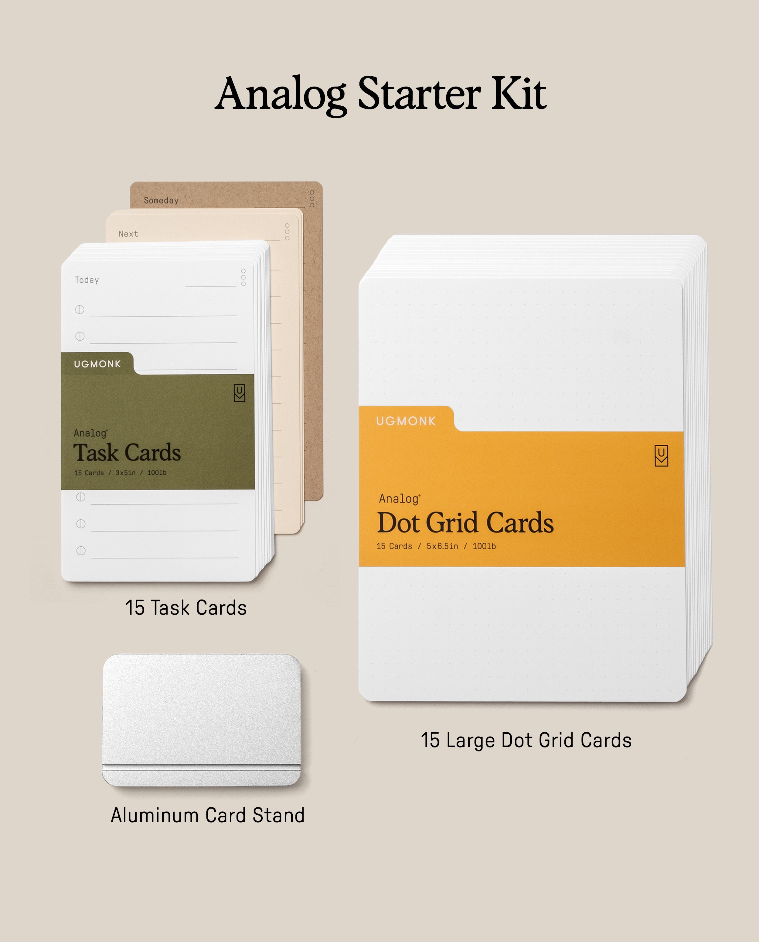 Analog Starter Kit (Silver) featuring 15 white task cards, 15 large dot grid cards with an orange label, and a sleek aluminum card stand—all components of a versatile paper card system—neatly displayed on a beige background.