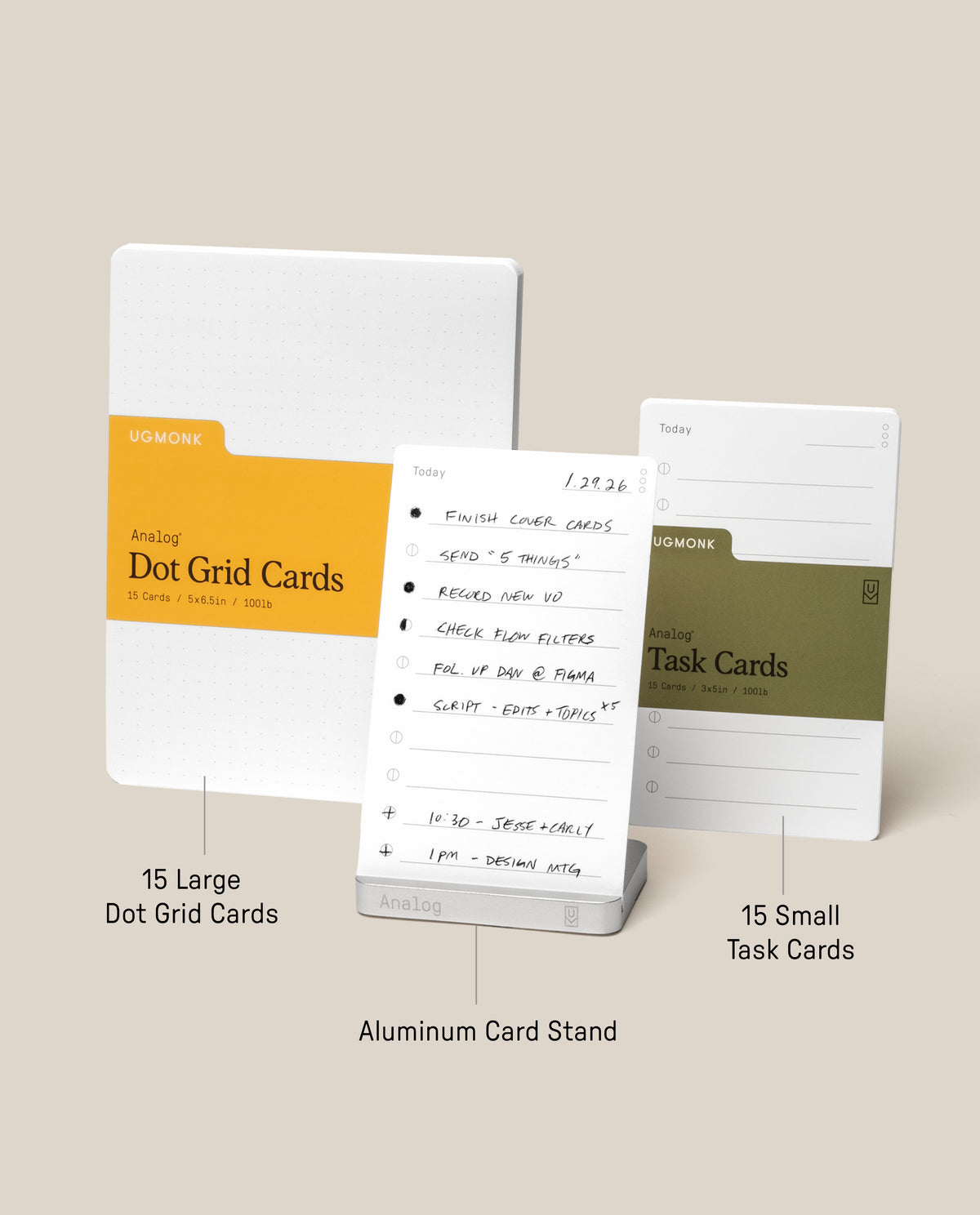 The Analog Starter Kit (Silver) includes three essential stationery items for your paper card system: a pack of large Dot Grid Cards, a pack of small Task Cards, and an aluminum Card Stand displaying a handwritten Task Card—each clearly labeled with product names and quantities.