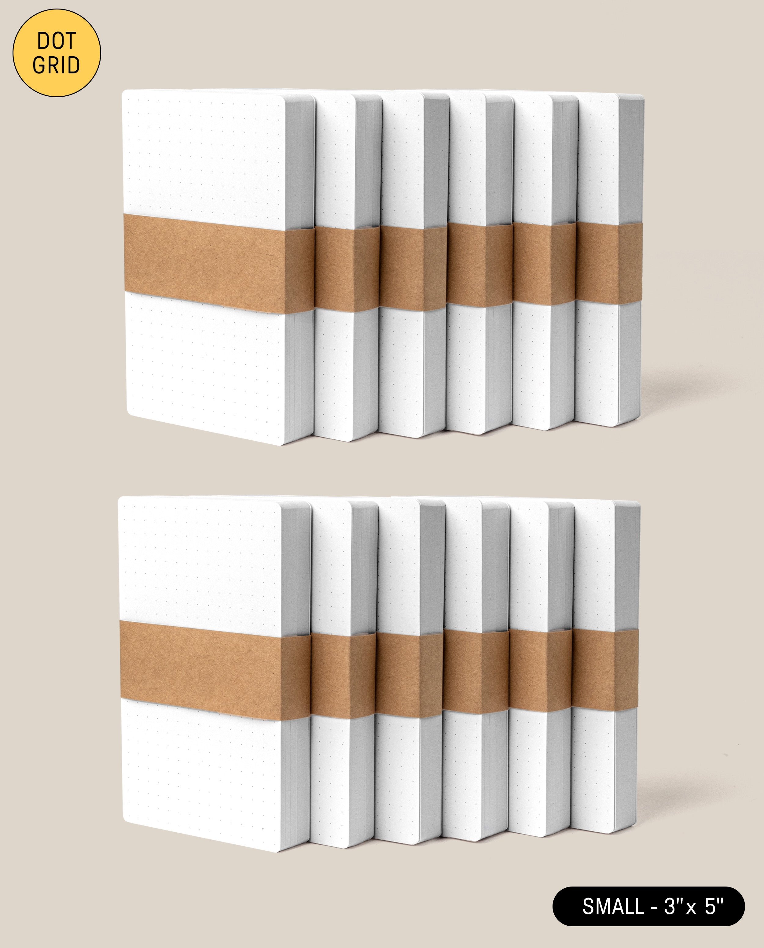 Twelve small Analog Dot Grid Cards (3x5, white) from the 12-pack are stacked in two rows, bundled with brown paper bands on a soft beige background—ideal for analog note-taking or as index cards.