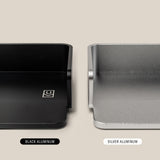 Two close-up views of aluminum card trays: matte black with a small logo on the left, Analog Capture Kit - Large (Silver Aluminum) on the right. Perfect for organizing large dot grid cards. Labels show Black Aluminum and Silver Aluminum.