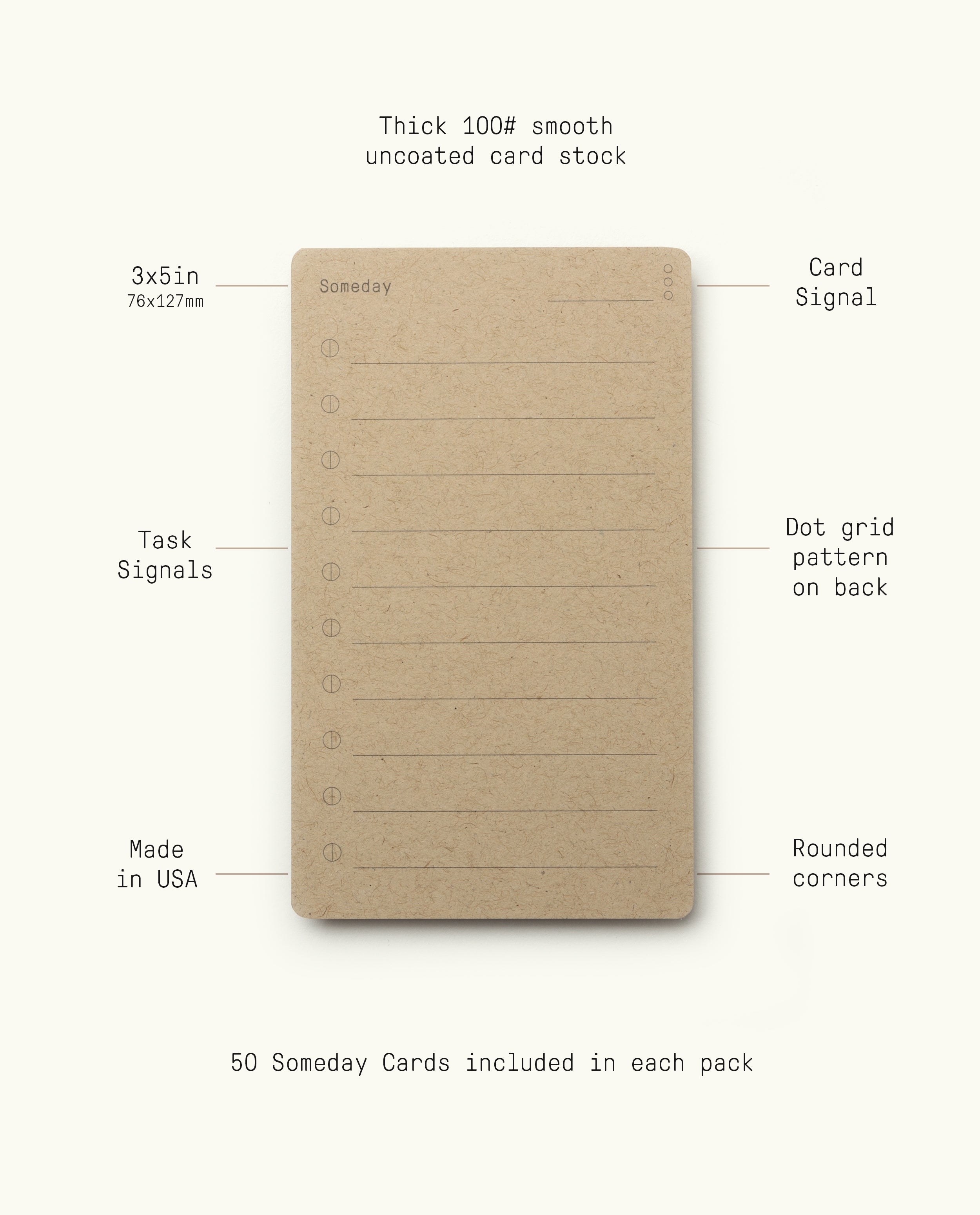 A brown, vertical Analog - Someday Card with horizontal lines and “Someday” label. Features 3x5" size, thick uncoated paper, dot grid back, rounded corners, made in USA. Each 3-pack includes 50 cards per pack.