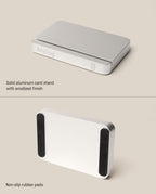 The Analog Starter Kit (Silver), crafted from silver aluminum with an anodized finish, is displayed from the front and bottom perspectives. Designed for use with task cards or as part of a paper card system, the base features two black non-slip rubber pads for added stability.