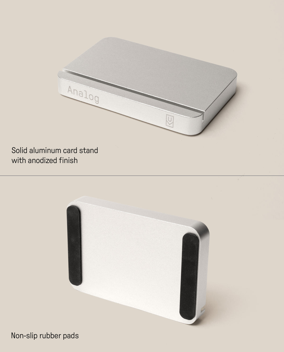 The Analog Starter Kit (Silver), crafted from silver aluminum with an anodized finish, is displayed from the front and bottom perspectives. Designed for use with task cards or as part of a paper card system, the base features two black non-slip rubber pads for added stability.