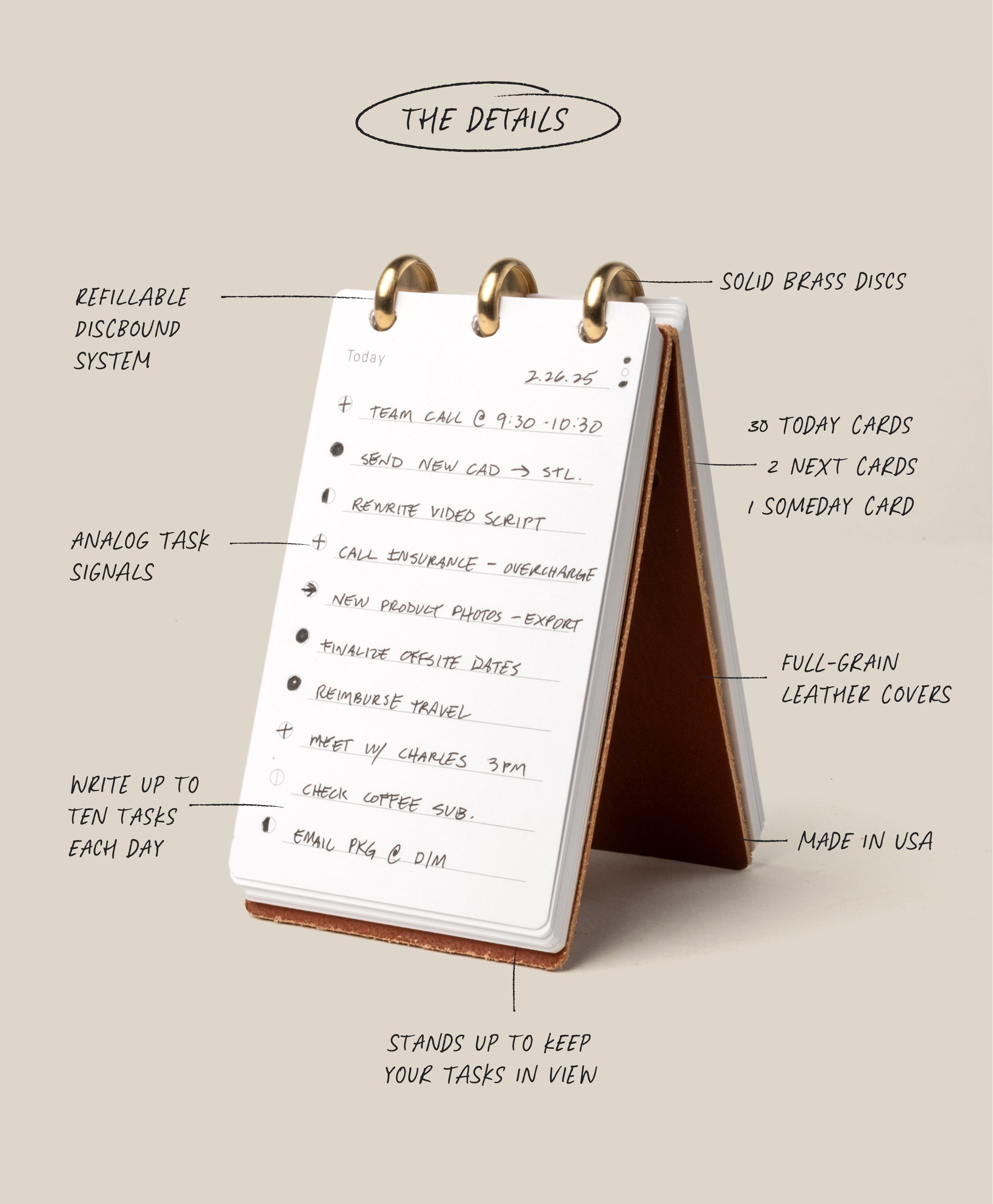 Desk calendar with stand and task list, labeled features on a beige background