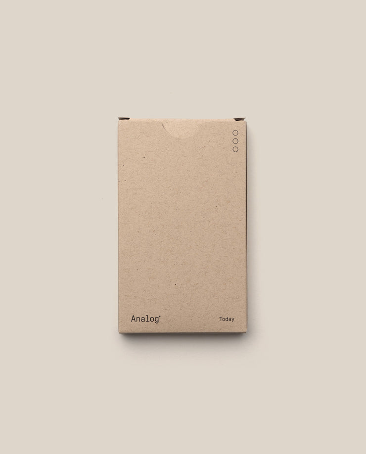 A minimalist brown box labeled "Analog" and "Today" at the bottom, with three small circles on the top right, contains Analog - Today Cards (1-Pack), a simple physical productivity system, shown against a plain light background.