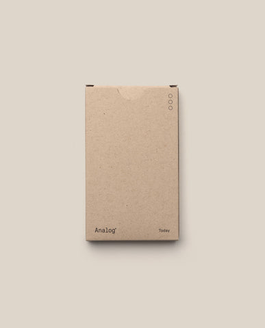 A minimalist brown box labeled "Analog" and "Today" at the bottom, with three small circles on the top right, contains Analog - Today Cards (1-Pack), a simple physical productivity system, shown against a plain light background.