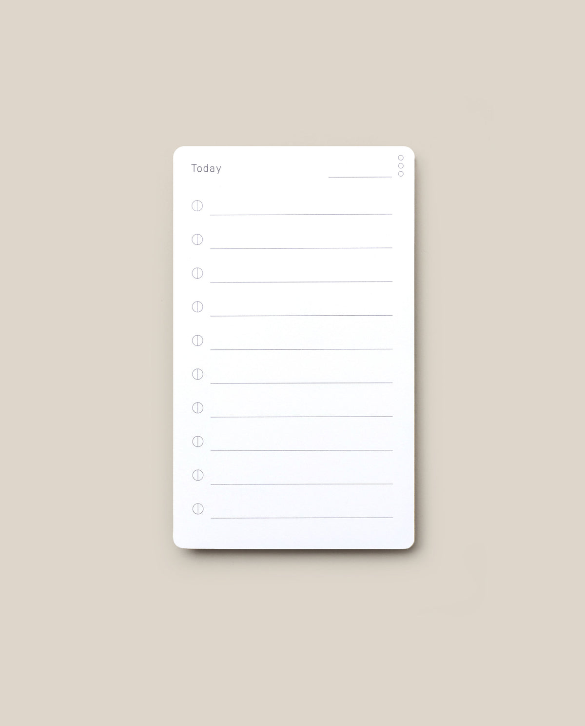 Analog - Today Cards feature a blank daily planner page with a “Today” heading, lined sections for writing tasks, and checkboxes beside each line, all set against a plain beige background—ideal for implementing your preferred productivity system or using an analog cards approach to task prioritization.