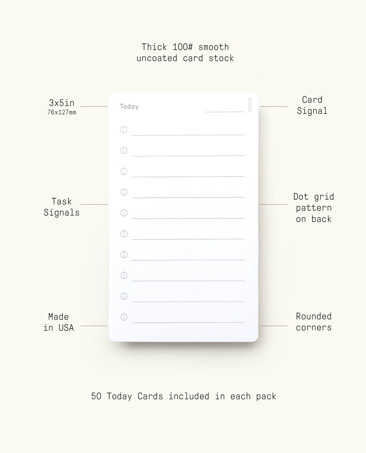 Analog - Today Cards feature a lines and circles card signal layout designed to enhance your productivity system. Each pack includes 50 thick 3x5 inch cards made in the USA, with task prioritization signals, a dot grid back, and rounded corners.