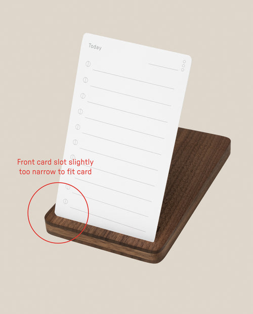 A white to-do list notecard stands in a Warehouse Item - Analog Travel Case (Walnut). A red circle and text highlight that the card slot in the front is slightly too narrow to fit the card.
