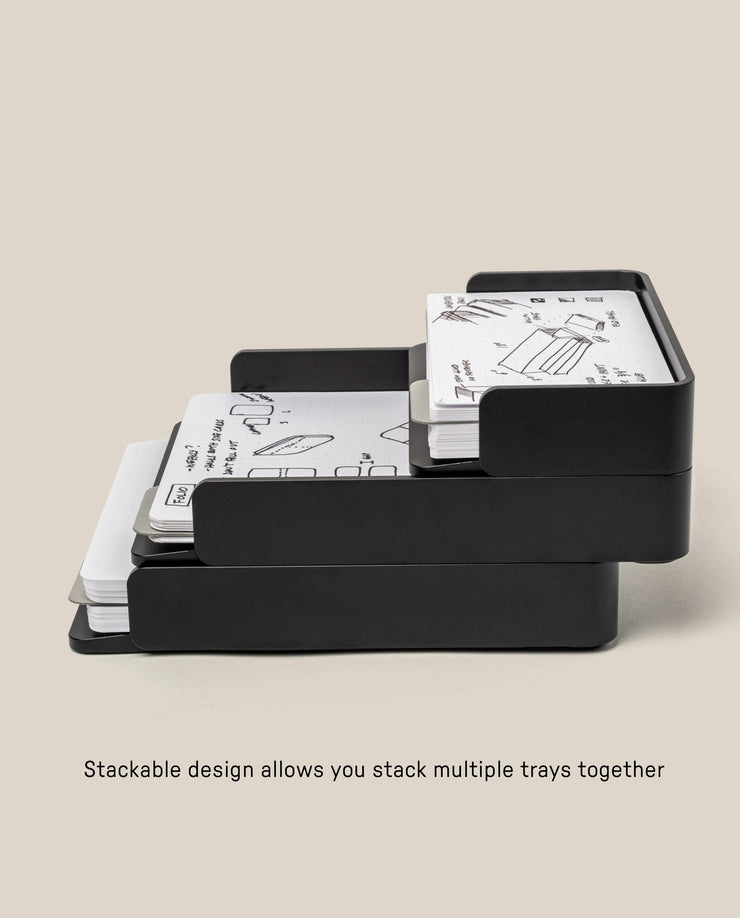 The Analog Capture Kit - 2 Large (Black Aluminum) features stackable black aluminum trays that hold notecard-sized papers in a stepped layout—ideal for organizing your dot grid cards efficiently.