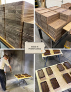 Collage of Valet Tray Bundle (Maple - Set of 3): stacks of trays, a person applying finish, trays drying, and a MADE IN PENNSYLVANIA graphic—each set is handcrafted locally.