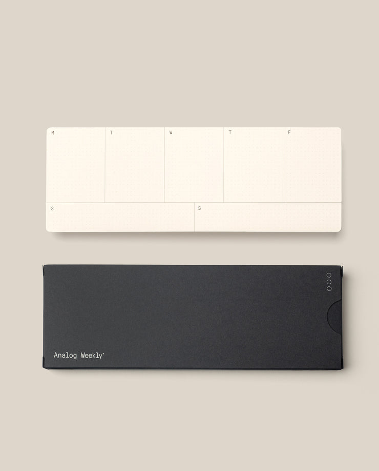 Analog Weekly Cards: Minimalist weekly planner cards with Monday–Sunday columns, displayed above a black box labeled "Analog Weekly" on a beige background—ideal for organizing your week with dot grid layouts.