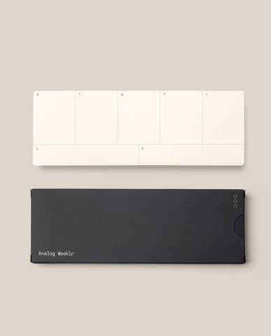 Analog Weekly Cards: Minimalist weekly planner cards with Monday–Sunday columns, displayed above a black box labeled "Analog Weekly" on a beige background—ideal for organizing your week with dot grid layouts.