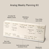 The Analog Weekly Planning Kit (Silver Aluminum) includes 52 white weekly cards, a sleek aluminum stand with anodized finish, silicone pads, sturdy card stock, and flexible weekend placement. Dimensions: 8.5 × 1.9 × 3.
