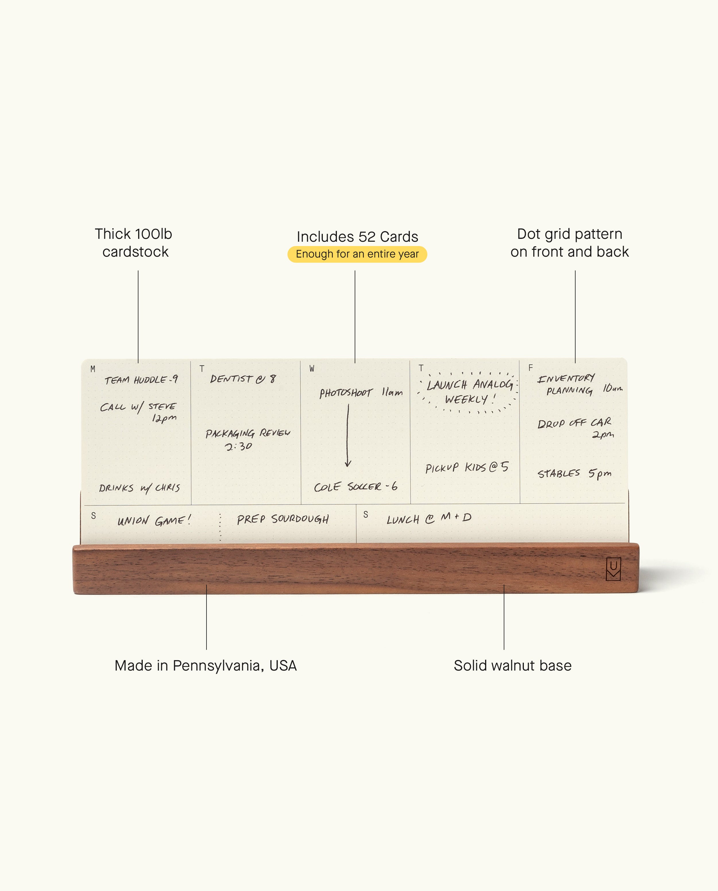 Introducing the Analog Annual Kit (Walnut): This set includes 52 dot grid cards crafted from thick cardstock, all elegantly organized on a solid walnut base. Designed for daily and weekly planning, it features a precise dot grid pattern and showcases expert craftsmanship from Pennsylvania, USA. The stylish Walnut Card Holder keeps your planning cards neatly arranged and easily accessible.