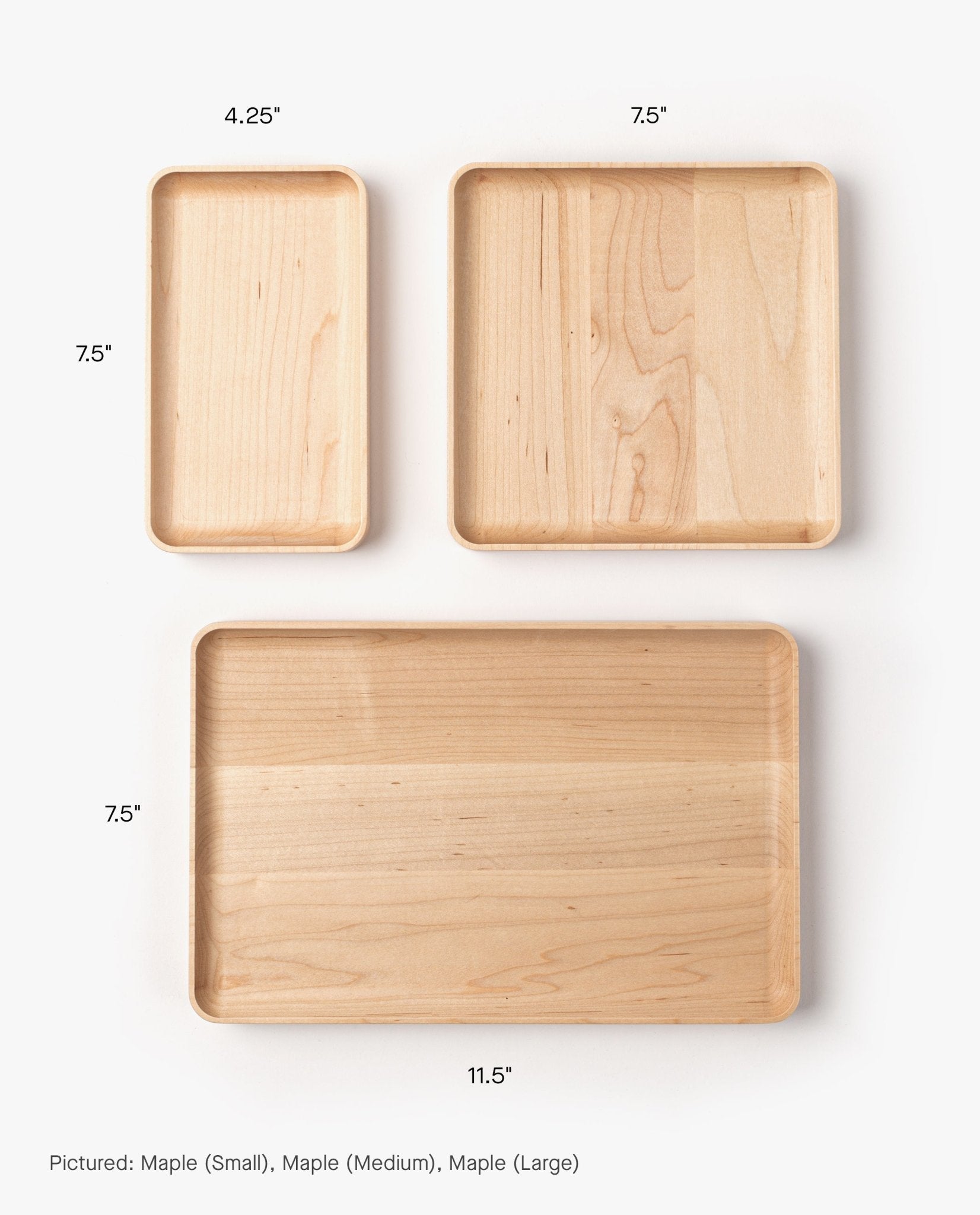 The Valet Tray (Maple - Medium) measures 7.5 x 7.5 inches and features a handcrafted solid maple build with smooth surfaces and rounded corners, shown on a white background.