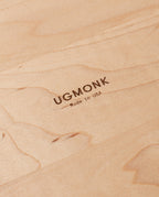 Close-up of the Valet Tray Bundle (Maple - Set of 3), handcrafted in Pennsylvania from solid maple. "UGMONK Made in USA" is engraved at the center, showcasing the wood grain and natural markings.