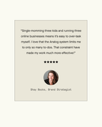 A testimonial quote about time management from Shay Bocks, Brand Strategist, with her photo below the quote, five stars above her name, and a light beige background. Features the Analog Premium Starter Kit (Walnut) as a practical task organizer to boost productivity.
