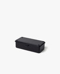 The Toyo Steel Stackable Storage Box T-190 (Black) is a small, rectangular steel toolbox with a fitted lid. Made in Japan, it features a sleek black finish and is shown on a plain white background.