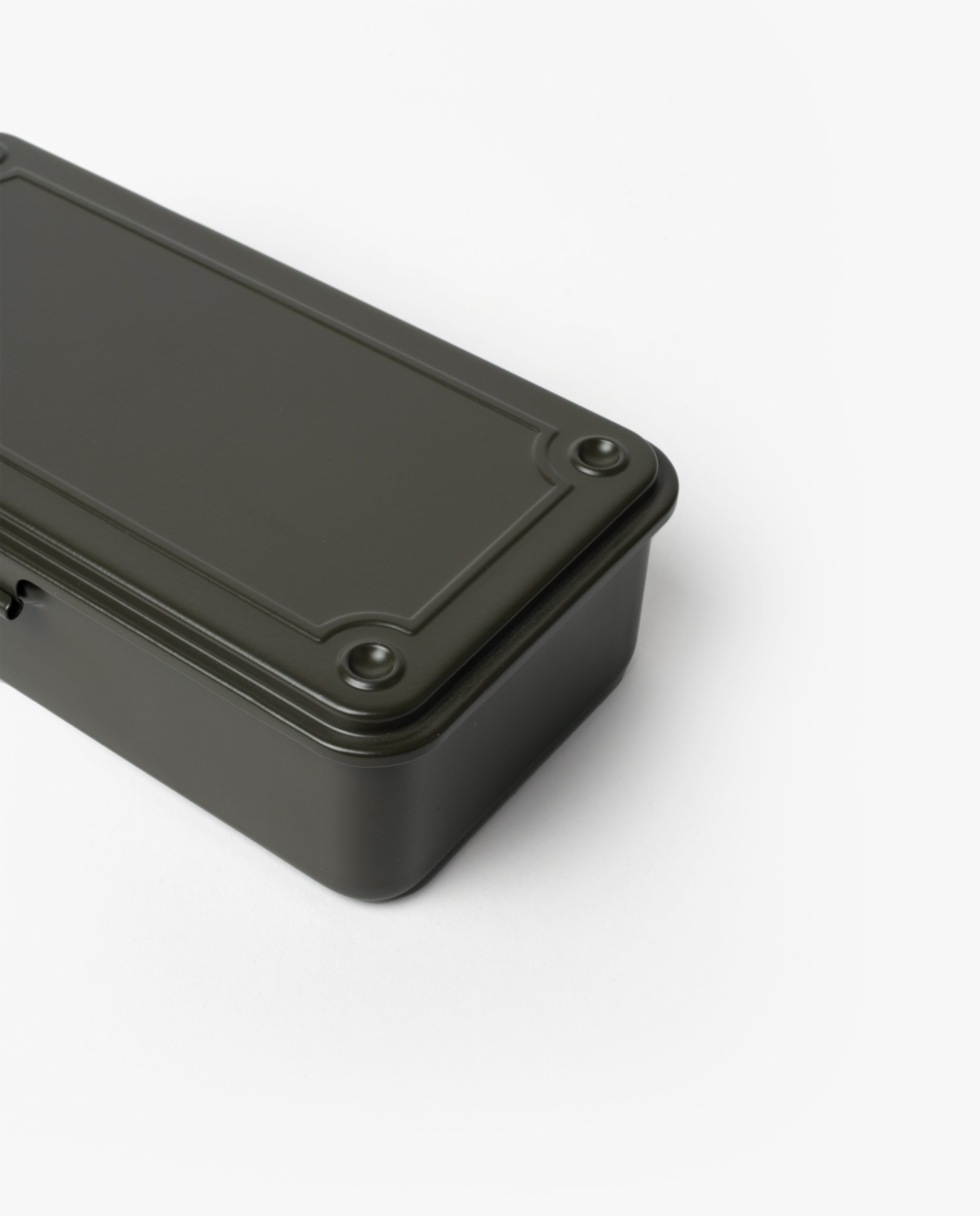 A Toyo Steel Stackable Storage Box T-190 in Military Green, made in Japan with a fitted lid and rounded corners, is partially visible on a white background.