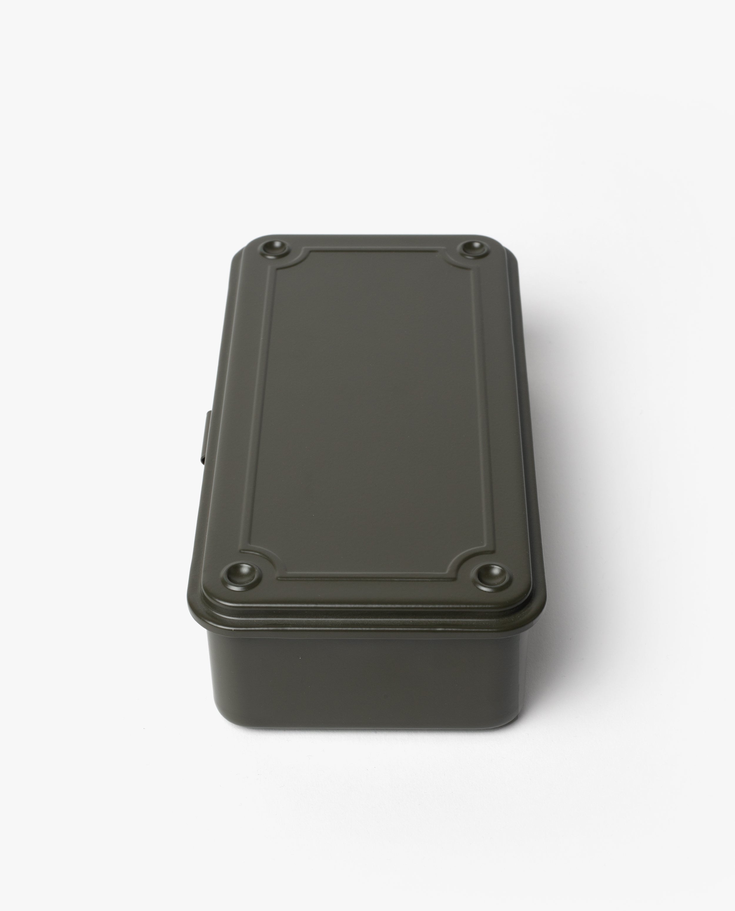 The Toyo Steel Stackable Storage Box T-190 in Military Green, made in Japan, features a rectangular shape, hinged lid, and decorative edges, shown on a white background.