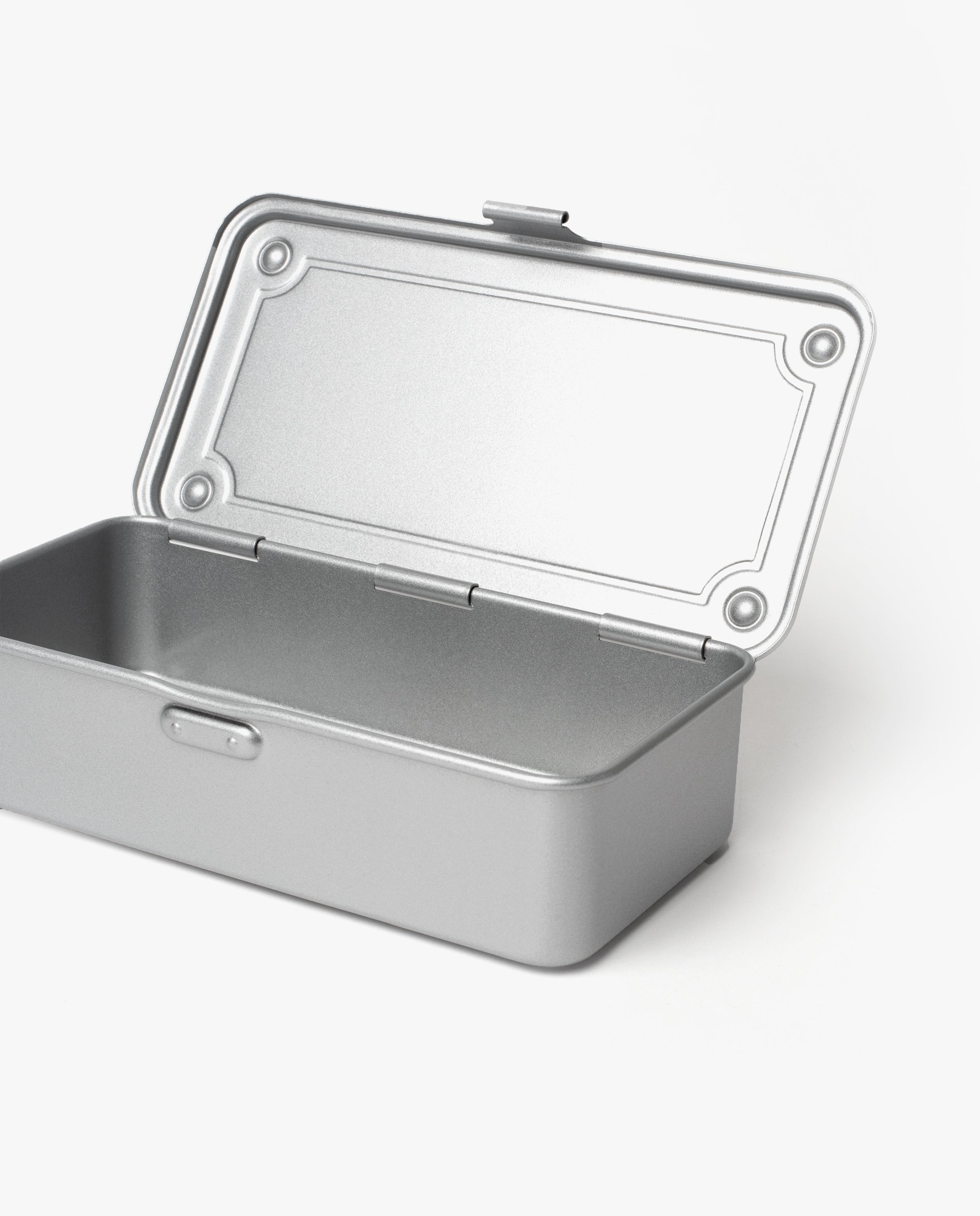 The Toyo Steel Stackable Storage Box T-190 (Silver) is a rectangular tin box with a hinged lid, revealing an empty interior. Made in Japan, this steel toolbox sits on a plain white background.